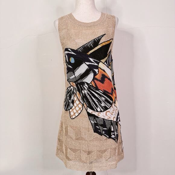 MISSONI Metallic Knit Sleeveless Mini Dress 40 US 4 Gold Graphic Fish Italy RARE - Picture 1 of 14